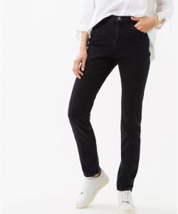 Women's dark blue slim jeans by BRAX with a high rise waist and button fastening.