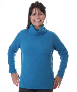 Womens teal baby alpaca roll neck jumper with split hems and full length sleeves