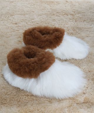 Alpaca Fur Slippers White And Tan
