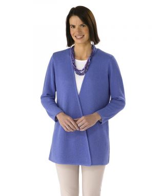Women's long line swing cardigan in a beautiful campanula shade crafted from baby alpaca