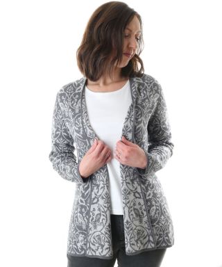 Artisan Route Fiorella baby alpaca cardigan in a two-tone grey jacquard knit with lapel