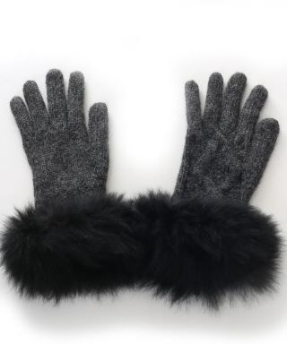 Alpaca Cable Knit Gloves With Fur Trim Charcoal