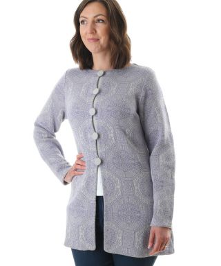 Artisan Route Kyoto japanese art inspired long line cardigan in lilac and grey with 5 large buttons