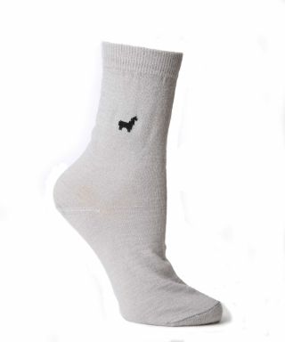 Light grey alpaca and silk socks with black alpaca motif and elasticated cuff and reinforced heel and toe
