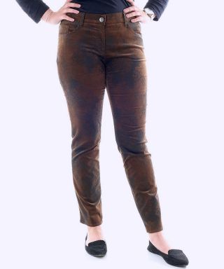 BRAX slim leg brown velvet flocked trousers with pockets and belt loops.