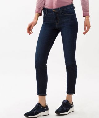 Women's skinny ankle length jeans, style shakira by Brax. Dark blue denim with contrast stitching