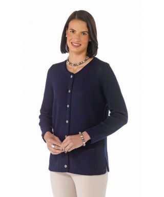 Women's navy baby alpaca cardigan, style 'Valentina' by Artisan Route. Crew neck and 2 pockets