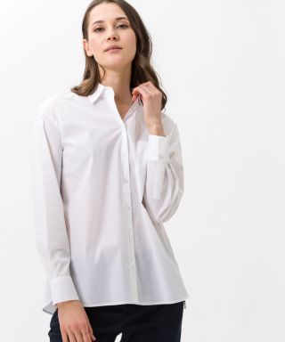 Women's white cotton shirt by Brax featuring front pocket, side hem slits and buttoned cuffs. 