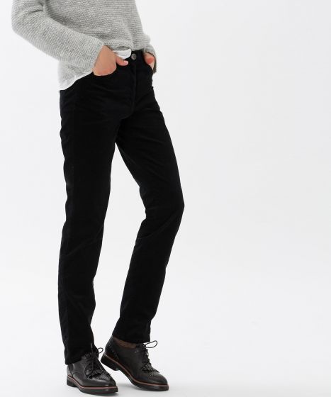 Women's black fine corduroy trousers by BRAX, full length, 5 pockets, belt loops